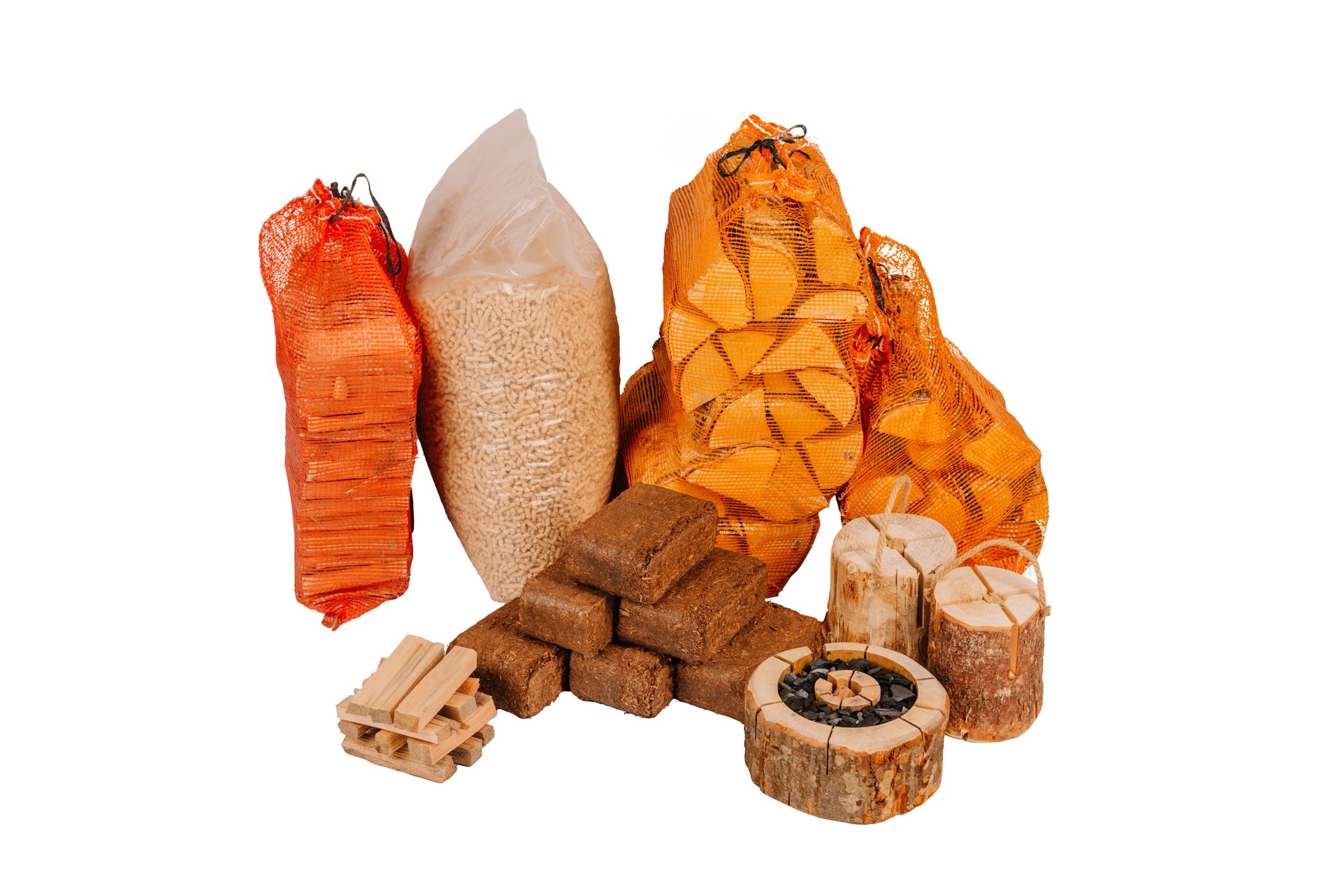 Collection of different firewood products including kindling, briquettes, pellets, logs, and Swedish torches, all arranged on a white background.